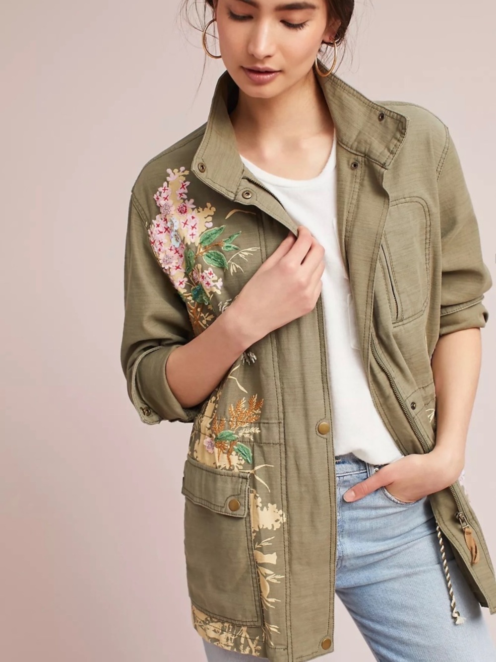 Anthropologie Embellished Anorak 100% Cotton Utility Floral Jacket Size S